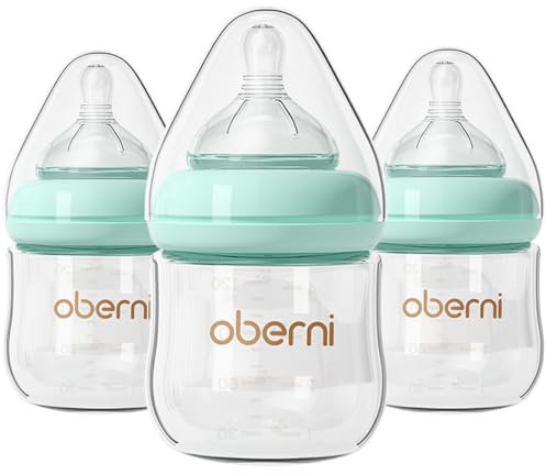 Oberni Glass Baby Bottle, Anti-Colic Baby Bottles with Slow Flow Breast-Like Teat for 0+ Newborn Milk Feeding, 120ml (Pack of 3), Blue