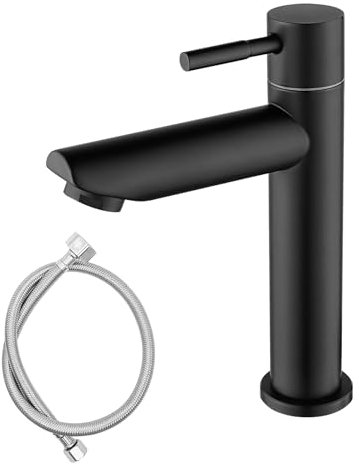 Robinet Eau Froide Uniquement Noir, Robinet Cuisine à Eau Froide avec 80cm Tuyau de Raccordement X1, Robinet Lave Main Eau Froide pour WC, Robinet Évier de Cuisine avec Écrou en Acier Inox 304