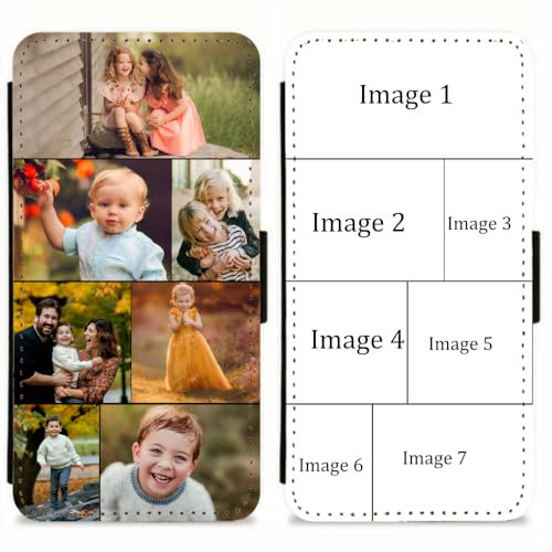 EKAM Personalised Case For iPhone 16, 15, 14, Pro, Max, Mini, Plus 13, 12, 11, X, XS, XR, SE, 8, 7 - Custom Photo/Image Collage Layout Design on PU Leather Wallet Magnetic Flip Folio Cover (7 Images)