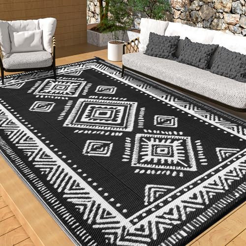 OMERAI Alfombra de Exterior para Jardín Patio Alfombra Ligera Impermeable Reversible de Plástico Reciclado para Camping Alfombra Resistente a Los Rayos UV Alfombra de Jardín Negra 120x180 cm
