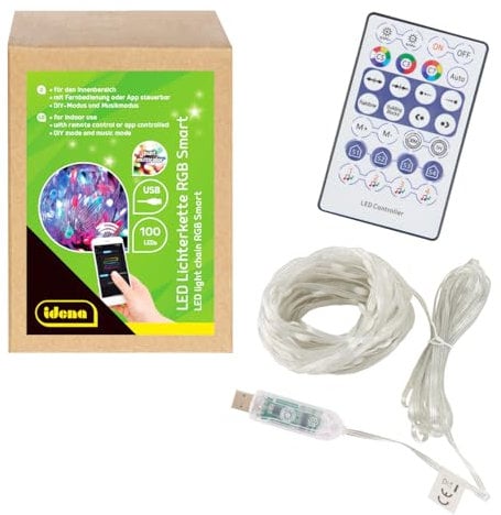 Idena 30521 - LED Micro Guirlande lumineuse avec 100 LED RGB multicolores, env. 12,9 m de long, LED Strip avec 12 fonctions d'éclairage & synchronisation musicale, alimentée par USB, avec minuterie