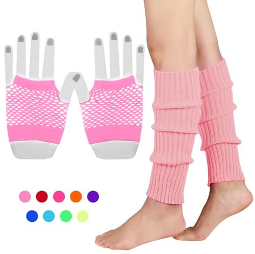 INGJIA Set de Calentadores de Piernas Elásticos de Neón y Guantes de Rejilla Accesorios Disfraces los Años 80(rosa)
