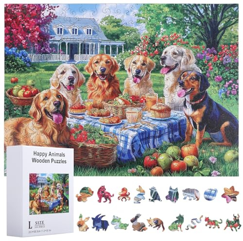 GLOBLELAND 300Pcs Garden Puppy Wooden Jigsaw Puzzles 11.22x15.16inch for Adults Golden Retriever Jigsaw Puzzle for Colorful Unique Happy Animals Wood Puzzles for Holidays Birthday