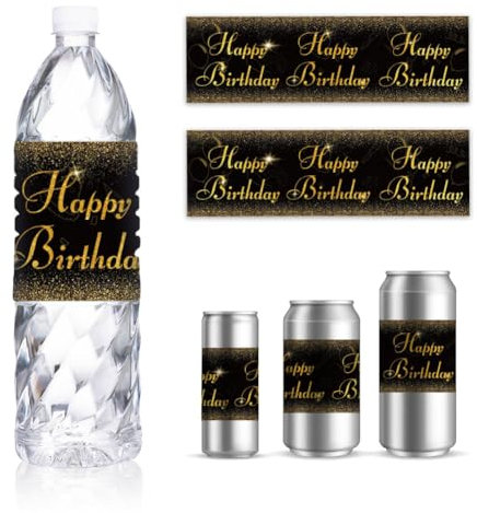 GOMAKERER 30 hojas de etiquetas para botellas de agua de cumpleaños, etiqueta adhesiva negra y dorada para botella de agua, etiqueta personalizada para botella de agua potable, despedida de soltera,