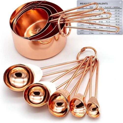 Juego de 9 tazas y cucharas medidoras de acero inoxidable de cobre con medidas grabadas, boquillas de vertido y acabado pulido espejo, ideal para hornear