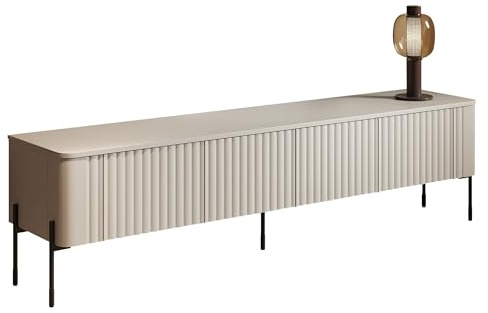 Mirjan24 Lowboard Veralli 190 mit 4 Schrankfächern, grifflose Öffnung, Schwarze Metallfüße, Fernsehschrank, TV-Schrank, TV-Unterschrank (Cashmere)