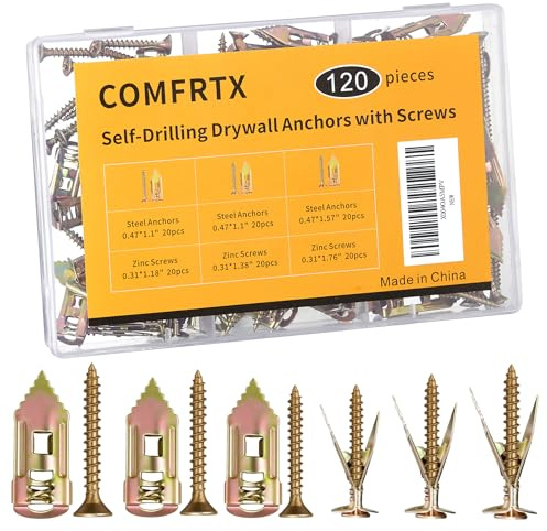COMFRTX 3 Sizes Self Drilling Drywall Anchors with Screws Kit – 120PCS Heavy Duty Metal Expansion Bolts, Sheetrock Anchors & Drywall Grip Anchors and Screws for Shelf, Mirror, Cabinet, Picture Frames