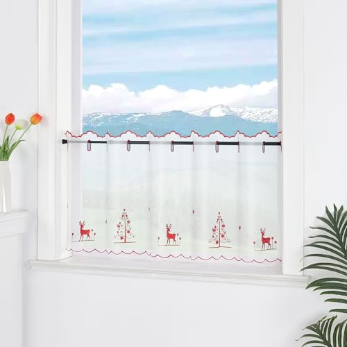 Delien Voile Rentier Deko Weihnachtsgardinen HxB 30x90cm Transparente Scheibengardine mit Ösen Festliche Kurzstores für Küchenfenster 1 Stück,Rot