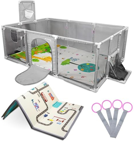 Mobiclinic®, Laufstall Baby, Wende-Spielmatte, Faltbar, 128x233 cm, Fußballnetz und Korb, 4 Griffe, Atmungsaktives Netz, Baby Laufgitter, Tragetasche, Kidland (Grau)