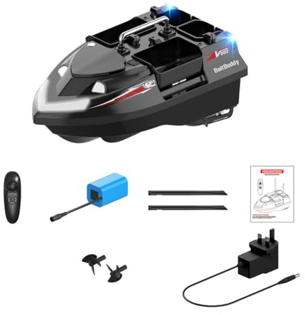 TechSpieler V802 RC Bait Boat, Dual Antenna 4 Compartments 3KG Large Capacity Fishing Boat (Black)
