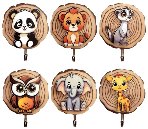 Binnan 6 Piezas Percheros Infantiles, Ganchos para Ropa para Niños en Forma de Animal, Ganchos de Madera Autoadhesivos, Percheros con Forma de Animal para Baño, Habitación Infantil, Cocina