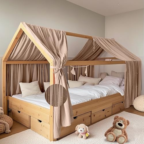 FloraVigo Hausbett Himmel mit Gold Applikation 2 Stück, handgefertigt aus 100% Baumwoll-Musselin, Stoffhimmel zur Hausbettdekoration, für Mädchen und Jungen (Dunkelbeige, 2er Set 65 x 270 cm)