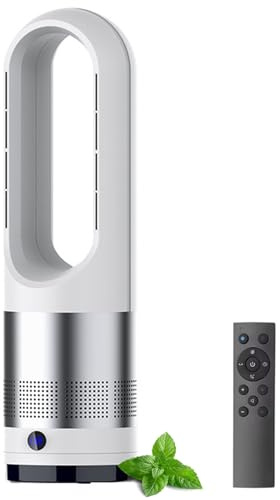 GDBTDL Ventilador de Torre 18 Pulgadas sin Aspas con Mando, 2-en-1 Frío & Calor, Oscilación 80°, 8 Velocidades Temporizador 8H, Ventilador Silencioso & Calefactor 1400W para Hogar Oficina.