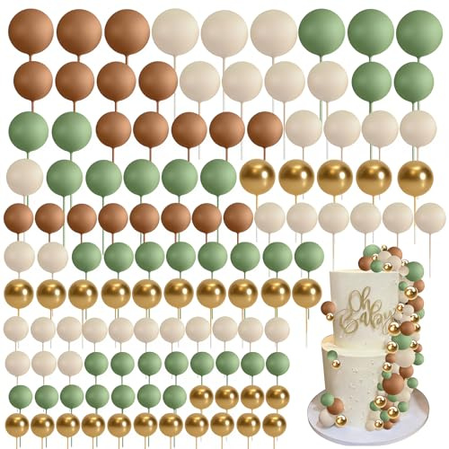 120 Stück Tortendeko Kugeln Cake Topper, Mini Ballons Tortenaufleger, DIY Mini Ballon Cupcake Einsatz, Kuchen Dekoration Kugel für Geburtstag Party Babyparty Valentinstag (Hellgrün Braun Beige Gold)