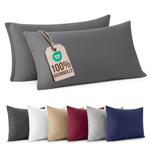Kissenbezug 30x50cm, 2er Set - 100% Jersey Baumwolle 140gsm - Kopfkissenbezug & Kissenhülle mit Reißverschluss - Weich, Bügelleicht & Hypoallergen - Dunkelgrau - Oeko-TEX Standard 100 Zertifiziert