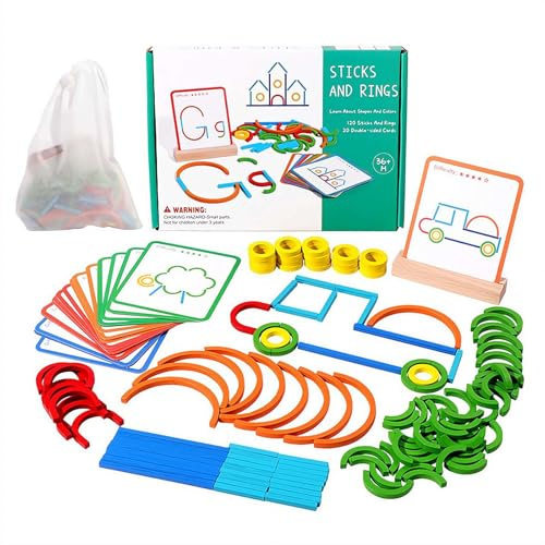 Generisch Kreatives Montessori Spielzeug ab 3 Jahre,120 Holz Sticks und Holz Ringe,Formanpassungsspiel,Steckpuzzle Lernspielzeug Geschenkidee für Mädchen/Jungen,Konzentrationsspiele ab 3+ Jahren