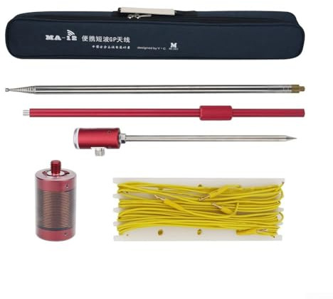 YobiLife MA-12 - Antenna portatile a onde corte, 7-50 MHz, telescopica, per base GP, con paletti di messa a terra, per operazioni amatoriali sul campo radio HAM, colore rosso