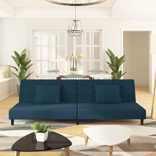 Fangmaliuyun 2-Sitzer Schlafsofa Blau Samt 200×84,5×69 cm, Holzgestell, mit 2 Kissen, Schlafcouch für Wohn-/Gästezimmer