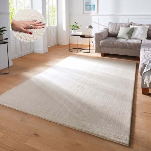 Taracarpet Supersoft kurzflor Teppich Fiona Wohnzimmer Schlafzimmer Kinderzimmer Flur Läufer waschbar rutschfest Uni New Creme 140x200 cm