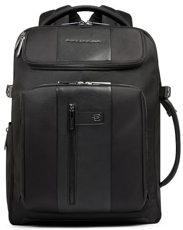 Piquadro Erweiterbarer Reiserucksack Herren mit Laptop-Fach Mann Leder und Stoff schwarz