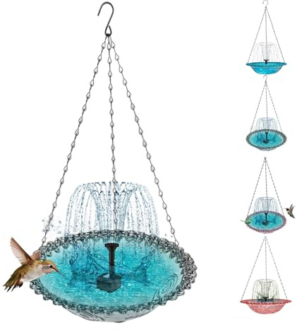 Solar Cascade Hanging Bird Bath Fountain, 2026 New Outdoor Hanging Bird bath with Solar Pump and Glass Bowl, Hummingbird Birdbath Water Fountain for Garden, Patio, Porch (Gray)