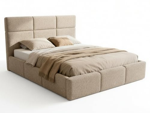 Sofnet Polsterbett Celine - Bettkasten mit Gasdruckfedern - Doppelbett mit Lattenrost, Bett mit Polsterkopfteil, Bettgestell, Schlafzimmer, Bouclé-Stoff (180 x 200 cm, Beige (Coral 65))
