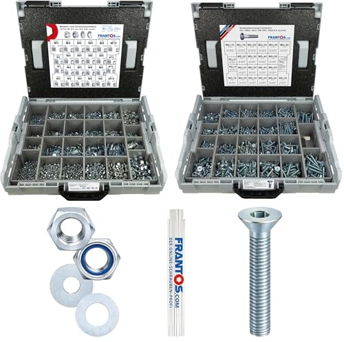 FRANTOS L-BOXX Schrauben Muttern Sortiment 8.190 tlg. (Stahl verzinkt) Set aus ISO 10642 Senkkopfschrauben + Sechskantmuttern, Stoppmuttern & Unterlegscheiben inkl. Meterstab