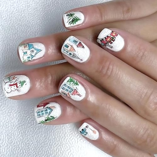 Lot de 24 faux ongles en forme de bonhomme de neige à presser avec fleur rouge étincelante pour fêtes d'hiver Motif bonhomme de neige Blanc
