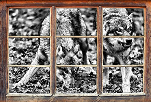 Stil.Zeit Monocrome, gefährliche Wölfe Fenster im 3D-Look, Wand- oder Türaufkleber Format: 92x62cm, Wandsticker, Wandtattoo, Wanddekoration
