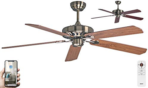 Fanelite - Brasseur d'air 152 cm laiton antique SIROCO - Moteur DC 38W - Télécommande - Wifi - Contrôles vocaux - 5 pales - Très silencieux