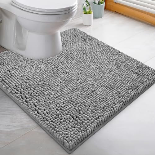 LuxUrux Toilet Mat-Extra-Soft Plush Bath Shower Bathroom Rug, 1'' Chenille Microfiber Material, Super Absorbent Shaggy Bath Rug (Light Grey, U Shaped 50 x 50 cm)