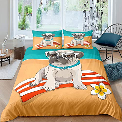 Loussiesd Mädchen Jungen 135x200cm Bettwäsche Kinder Mops Hund Bettbezug Set Karikatur Hund Muster Bettwäsche Set Strand Dekor Bettwäsche Süß Hund Bettbezug Set mit Reißverschluss