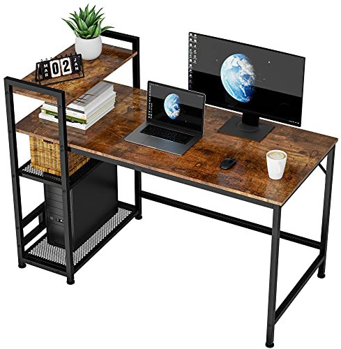 HOMIDEC Desk, 120x60cm Computer Desk with Bookshelf, 110cm Height Study Computer Laptop Table with 4 Tier DIY Storage Shelves Writing Table for Home Office Bedroom