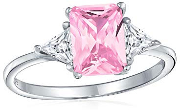 Braut Vergangenheit Gegenwart Zukunft 3 Stein 3CT CZ Rosa AAA Zirkonia Rechteck Solitär Smaragd Schnitt Verlobungsring Billionen Schnitt Seite Akzent .925 Sterling Silber