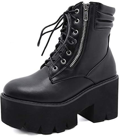 Bottes à plateforme pour Femme talon bloc en cuir bottes de motard automne hiver à lacets bout rond talons hauts talon épais bottines élégantes