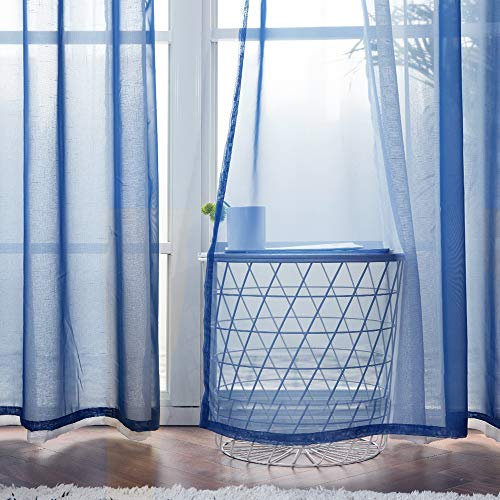 MIULEE 2er Set Voile Vorhang mit Ösen Transparente Gardine aus Voile Polyester Ösenschal Transparent Wohnzimmer Luftig Dekoschal für Schlafzimmer Dunkelblau 280 x 140cm H x B, Grommet Top