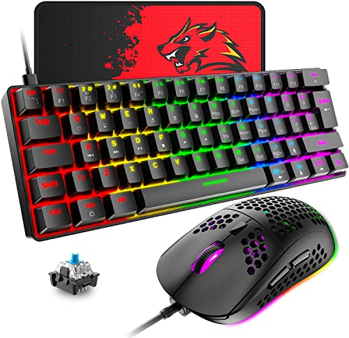 T60 UK Layout 60% Mechanical Keyboard and Mouse Set, Compact 62 Keys Mini Wired Gaming Keyboard 19 Rainbow Backlit + 6400DPI RGB Ultra-Light PC Gaming Mice + Mouse Pad For Laptop/MAC-Black/Blue Switch