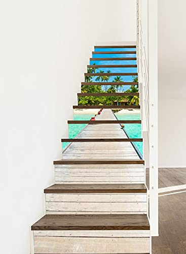 A.Monamour Treppenaufkleber Folie Selbstklebend 3D Tropische Insel Malediven Palme Holzbrücke Wooden Vinyl Wasserdicht Treppe Aufkleber Fliesenaufkleber Abziehbilder Wandaufkleber 13 Stück Set