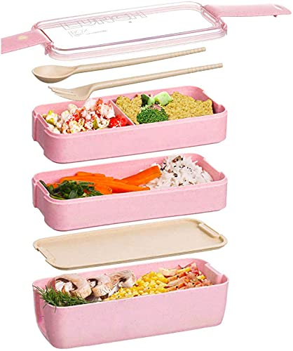 Japanese Bento Box Lunch Box,3-in-1 Compartment, Reusable Bento Lunch Box Meal Prep Containers with Fork,Spoon(Pink)