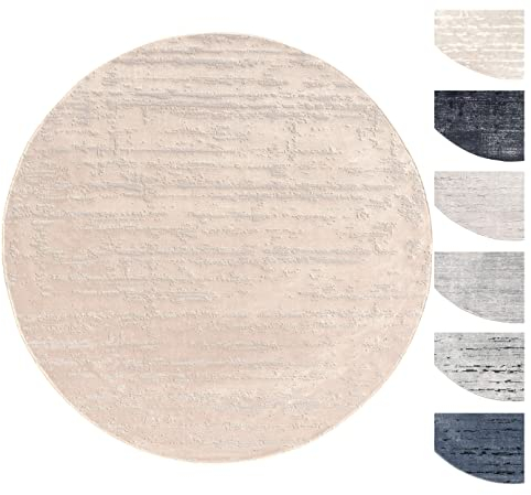 TESSO LIVING Kurzflor Teppich Wohnzimmer Beige Rund 195 cm, Moderner Kurzflor Teppich, Super Soft