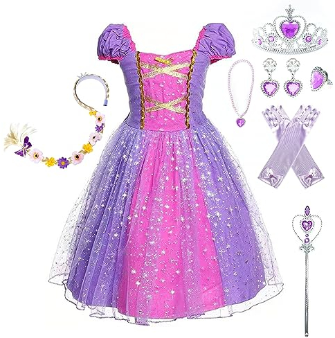 Pollen Prinzessin Kleid Mädchen, Prinzessin Kostüm Kinder Kleid 7-teiliges Set mit Krone Diadem Handschuhe Zauberstab usw für Hochzeit Cosplay Karneval Hochzeit Geburtstagsfeier-120