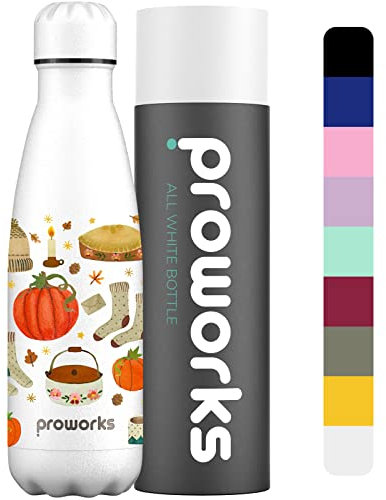 Proworks Edelstahl Trinkflasche | 24 Std. Kalt und 12 Std. Heiß - Vakuum Wasserflasche - Isolierflasche für Sport, Laufen, Fahrrad, Yoga und Camping - 1 Litre - Ganz in Weiß - Herbstzauber