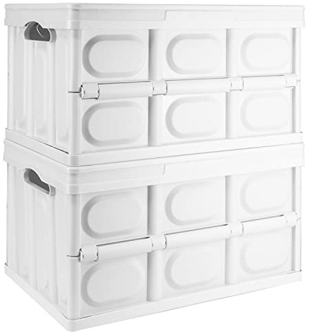 TekBox 30L White Storage Box with Lid Folding Stackable Crate Tub (2) | Measures 42.5cm x 29cm x 23.5cm, Collapses down to 5cm, Made from lightweight plastic