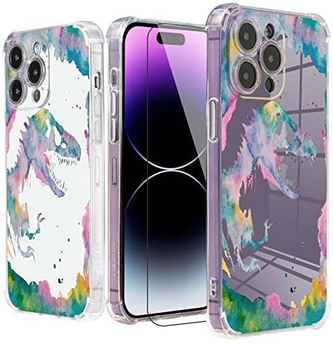 Roemary Dinosaurs Case for iPhone 14 Pro Max with Screen Protector,for iPhone 14 Pro Max Case Purple Dino,Abstract Design TPU [Shock Absorbing] Soft Bumper Protective Case Cover for iPhone 14 Pro Max