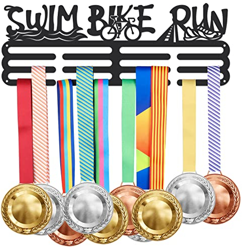 SUPERDANT Triathlon Medaillenhalter Schwimmen Radfahren Laufen Medaillen Aufhänger Mit 12 Zeilen Robuster Stahl Medaillen Aufbewahrung Wandmontierte Präsentationsständer Geschenke für Sportler Kinder