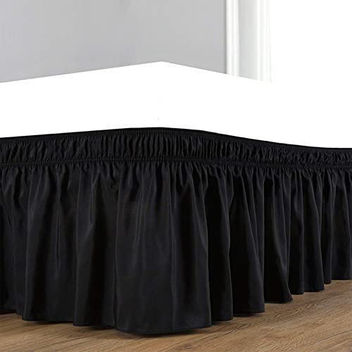 Surwin Cache-Sommiers Jupe de lit à Volants Jupe de Lit Élastique Dentelle Robuste et élastique Microfibre Style Enveloppant Facile a Mettre et à Enlever, Jupe de lit (Noir,135x200x38cm)