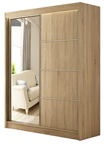 Margaret Hadas24 Kleiderschrank Padwa 200 mit Spiegel, Organizer, Mehrzweckschrank, Schwebetürenschrank, Garderobenschrank, Kleiderstange, Kleiderständer, Flurschrank, Schrank, 2-türig, braun