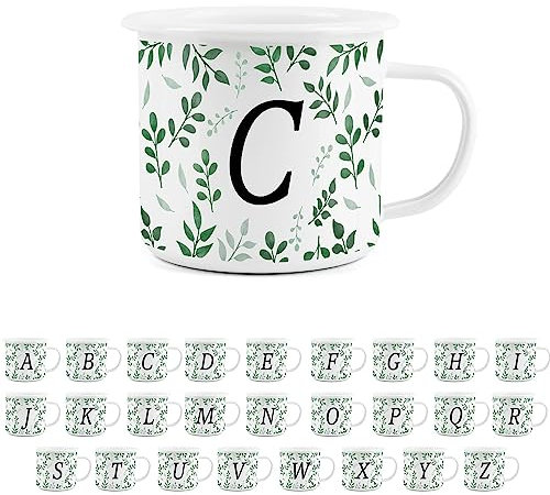 Foliage Letter C Mug -White Initial Personalised Alphabet Novelty Durable Hot Drinks Outdoor Cup for Travel Picnics Home Hiking