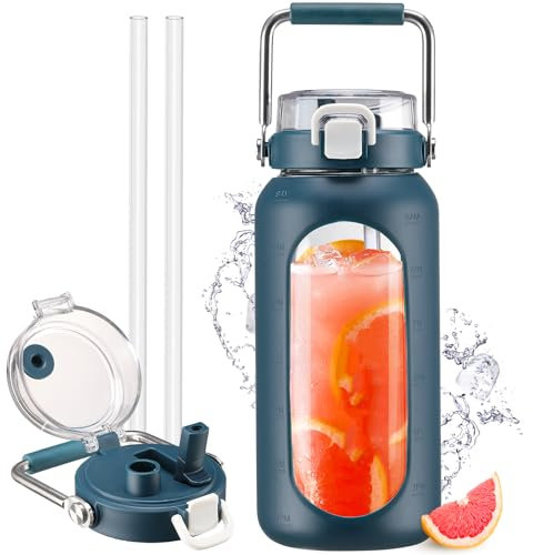 HYDRAGLAZIC 2 Liter Glass Water Bottle with Straw and Time Marker 2L Motivational Water Tumbler with Silicone Sleeve and Spout Lid Wide Mouth Borosilicate Water Jug BPA Free Leak-Proof, Dark Blue