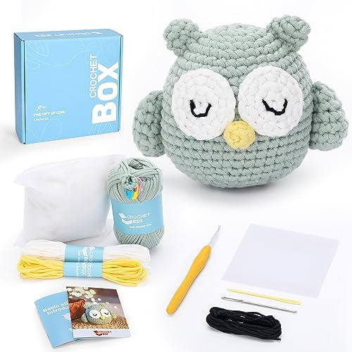 CROCHET BOX Complete Beginners Crochet Kit - Sleeping Owl Crochet Kit, All You Need for Easy Crocheting, Step-by-Step Video Tutorials, Animal Design, Birthday Gift for Adults, Teens.